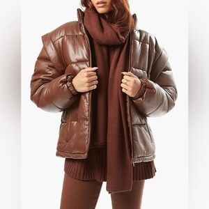NWT WeWoreWhat Espresso Snap Off Sleeve Faux Leather Puffer Jacket Size XXS